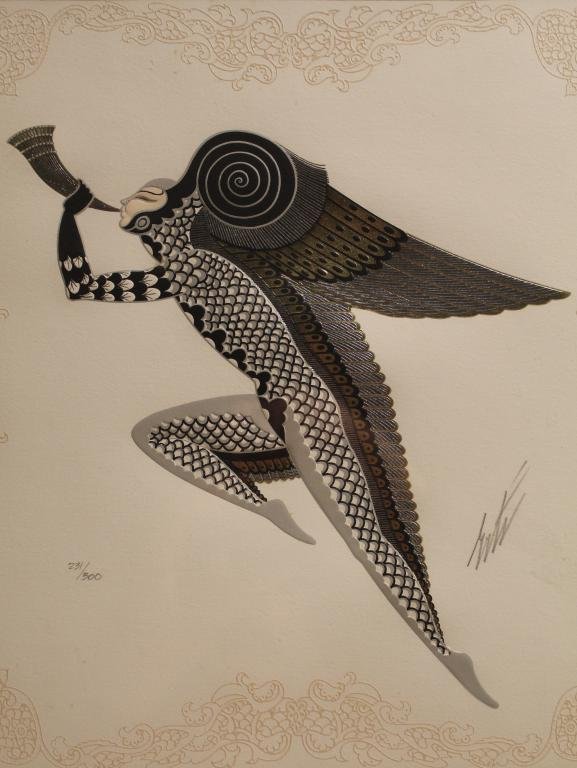 Erte Signed Limited Edition Serigraph Zephyr Gold: Erte (1892-1990) signed limited edition serigraph titled Zephyr Gold. Editioned left hand corner 231/300. In good condition; not examined out of frame. Dimension of print 12" x 12"; matte 18" x 18"; f