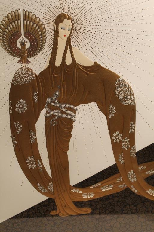 Erte Signed Limited Edition Serigraph Wisdom: Erte (1892-1990) signed limited edition AP serigraph titled Wisdom. In good condition; not examined out of frame. Dimension of print 21" W x 30L"; mat 28" W x 35 1/2"L; frame 30"W x 37 1/2"L.