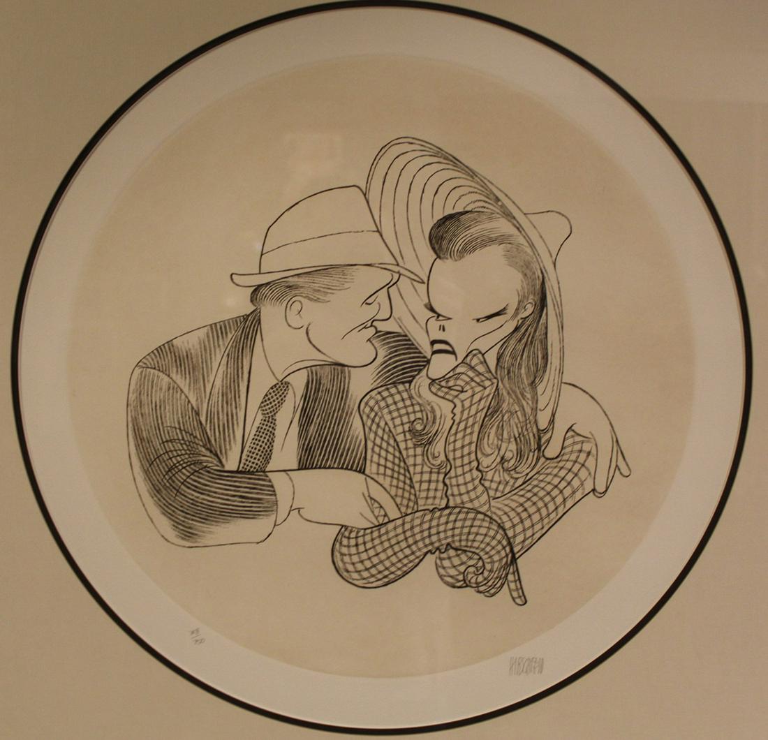 Al Hirschfeld Signed Lithoraph Hepburn & Tracy: Al Hirschfeld (1903-2003) caricature lithograph of Katherine Hepburn and Spencery Tracy from "WOMAN OF THE YEAR." Pencil signed and numbered, 308/750. In very good condition; not examined out of the f