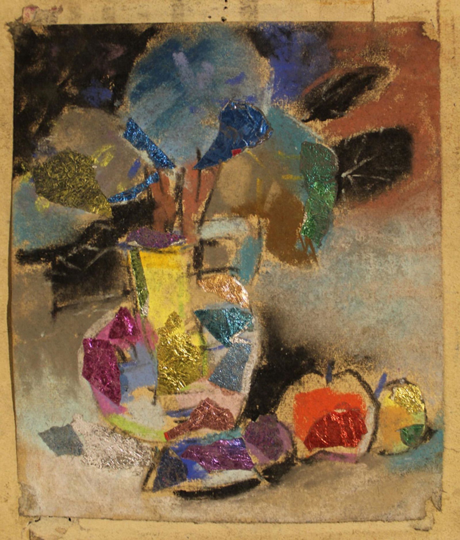 Oskar (Oscar) Treichel Mixed Media Collage: Oskar (Oscar) OttoTreichel, 1890-1975, German. Mixed media (pastel and colored foil) abstract still life collage on paper. Mounted to found paper backing with 1916 typewritten date. Unsigned. Image 4