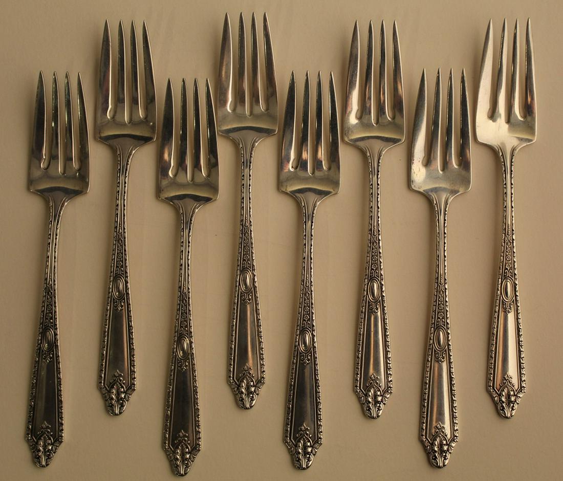 Vintage Whiting Sterling Cinderella Salad Forks: Set of 8 salad forks in the Cinderella pattern. All with Whiting logo, STERLING, and PAT. marks. No monograms. Excellent condition with very minimal signs of use. 6 1/4" L. 250 total grams approx.