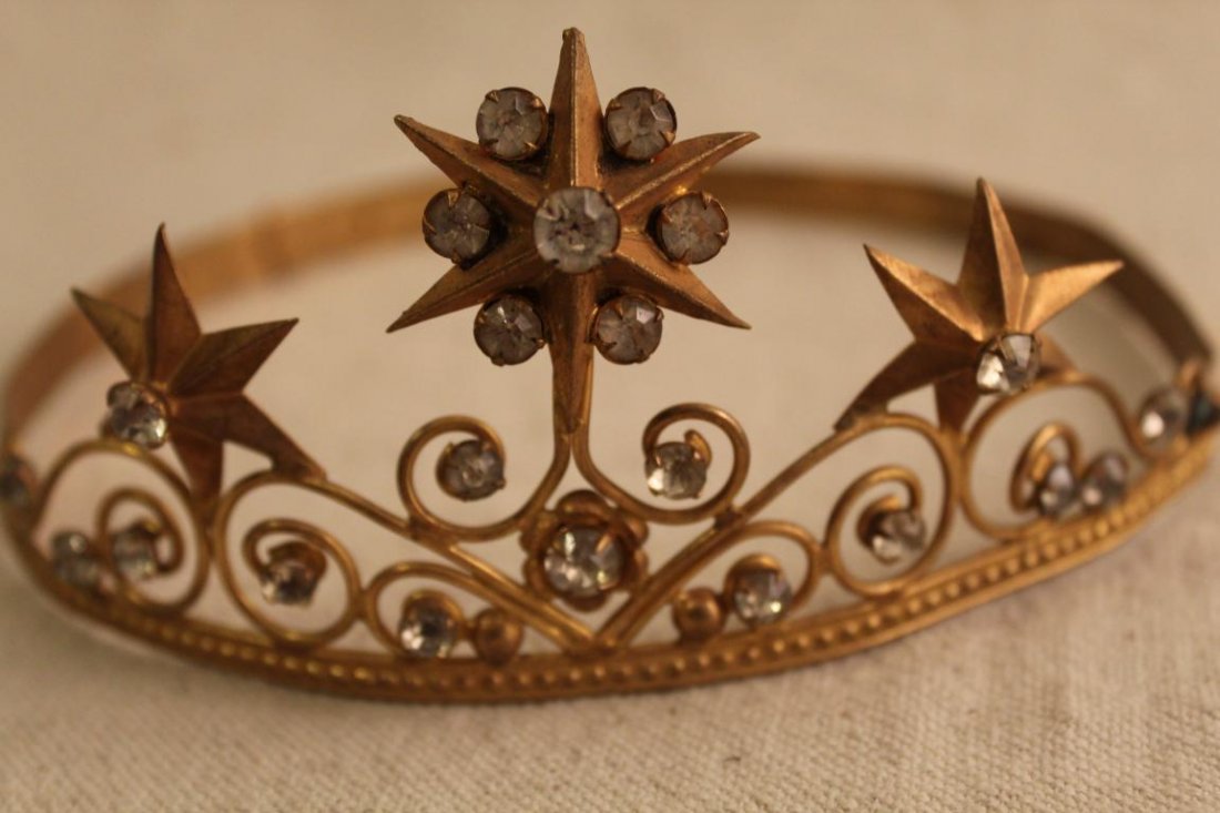 Antique Odd Fellows Rhinestone Tiaras: Group of three antique brass tiaras with adjustable bands and glass jewel stones. In good vintage condition; band easily bend into shape. Dimension jeweled area 3"H x 7"W.