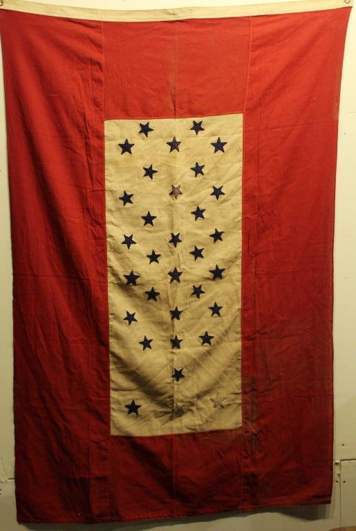 Vintage Odd Fellows 32 Star Service Flag: Vintage Odd Fellows service flag with 32 blue stars on one side; 30 blue stars and 2 silver stars on the other side. Cotton ground with felt stars. In good condition with some areas of fading and occa