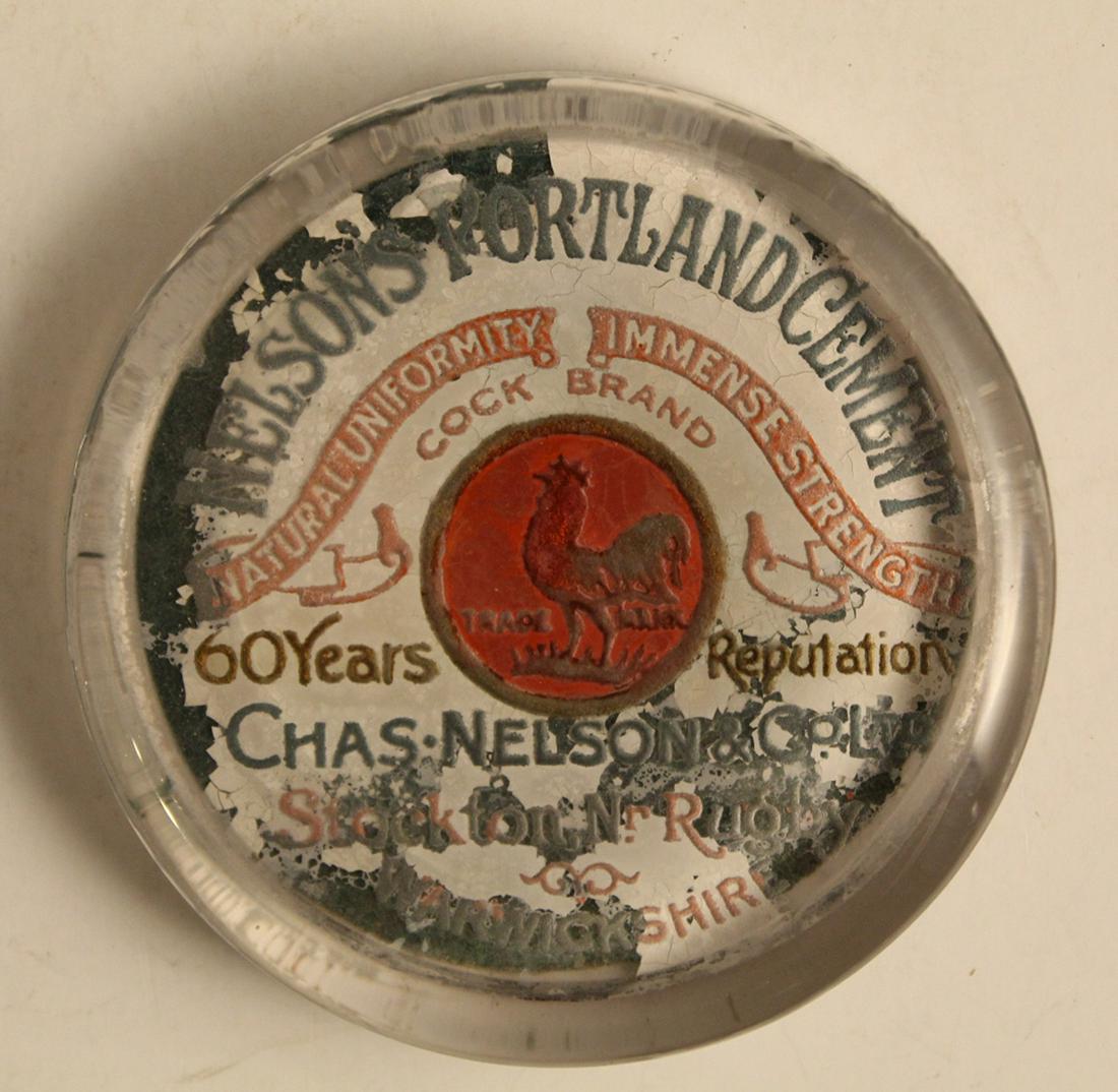 Antique Nelson's Portland Cement Paperweight: Advertising paperweight for Nelson's "Cock Brand" Portland Cement for the company's 60 year anniversary. Some lifting and signs of age; glass in excellent condition. Original The London Sandblast Deco