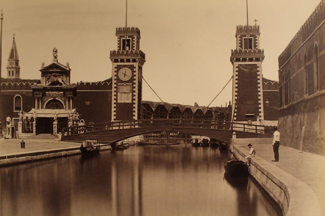 Carlo Naya/ Ponti Albumen Photographs of Venice: No. 181 Maritime Arsenal on plain mount with titles and descriptions in French, English, and German printed to the reverse (gilt edges). Naya (1816-1882) opened his studio in Venice in 1857 and also s