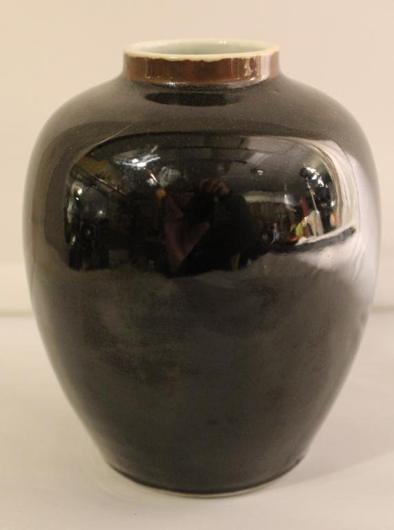 Antique Chinese Mirror Black Glazed Jar Vase: Porcelain with gloss black glaze with brown around lip (some small brown glaze spots to body). Good condition. Marks to bottom. Circa late 19th/ early 20th C. 5 3/8" H.