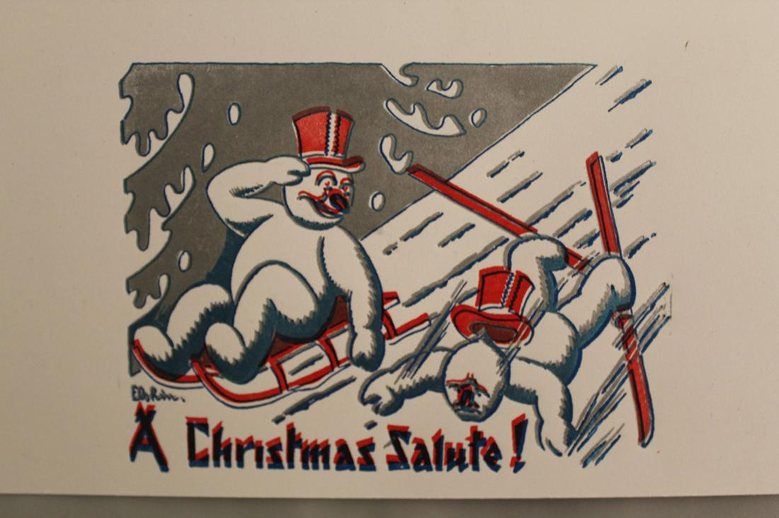 Jacob Elshin Letterpress Print Blocks: "A Christmas Salute!". Two snowmen wearing top hats; one riding on a sled, the other falling on skis. Etched metal on wood three block set (Elshin signature to one). From the estate of Seattle artist 