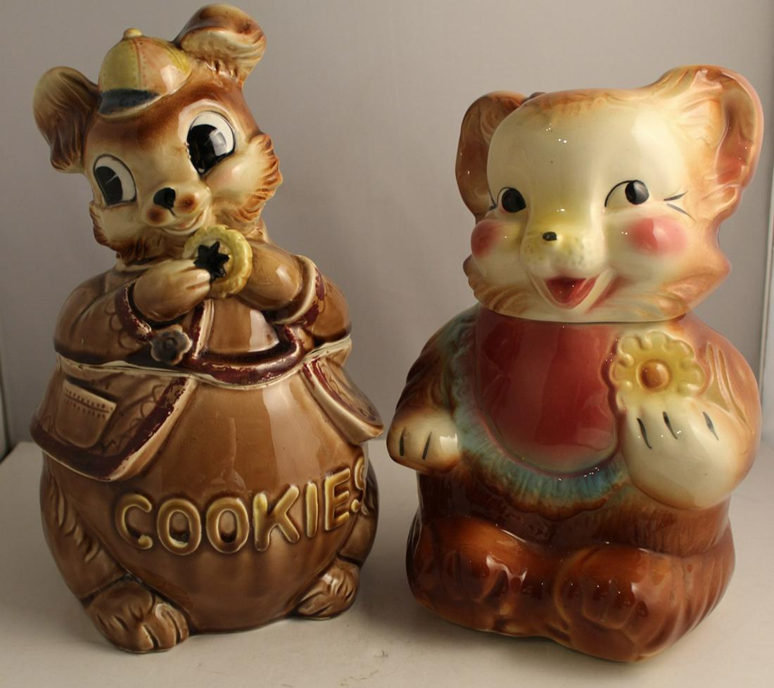 Two Vintage Figural Ceramic Cookie Jars: (1) Kangaroo. Good condition; glaze age crazing, wear to painted details, etc. Impressed JAPAN mark to bottom. 12.5" H approx. (2) Teddy Bear. Small crack it back of rim. 11.25" H.