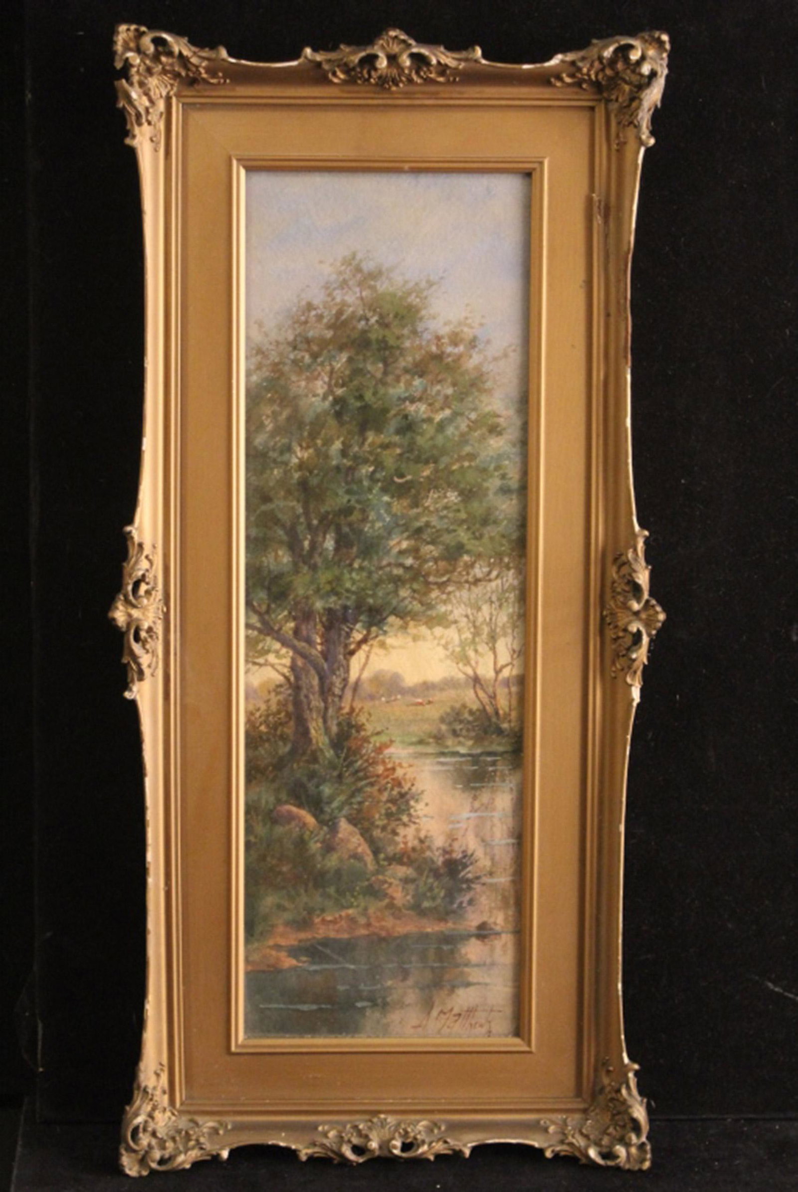Albert Matthews (b.1900, Ca.) Watercolor: Pastoral scene with large tree, pond, and distant cows in field. Signed lower right. Original gilt plaster frame (minor losses) with two Marshall Field & Co. gallery labels to reverse. Appears in exce