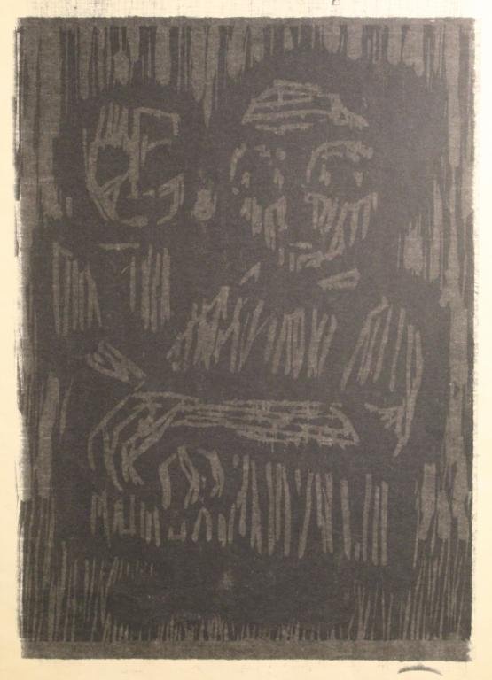Amanda Snyder (1894-1980, OR.) Linocut Print: Composition with two figures in black and dark gray ink. Unsigned. Very good condition; small lower left corner loss. Unframed. Image 15.5" x 11" approx. Paper 19" x 14.5" approx.
