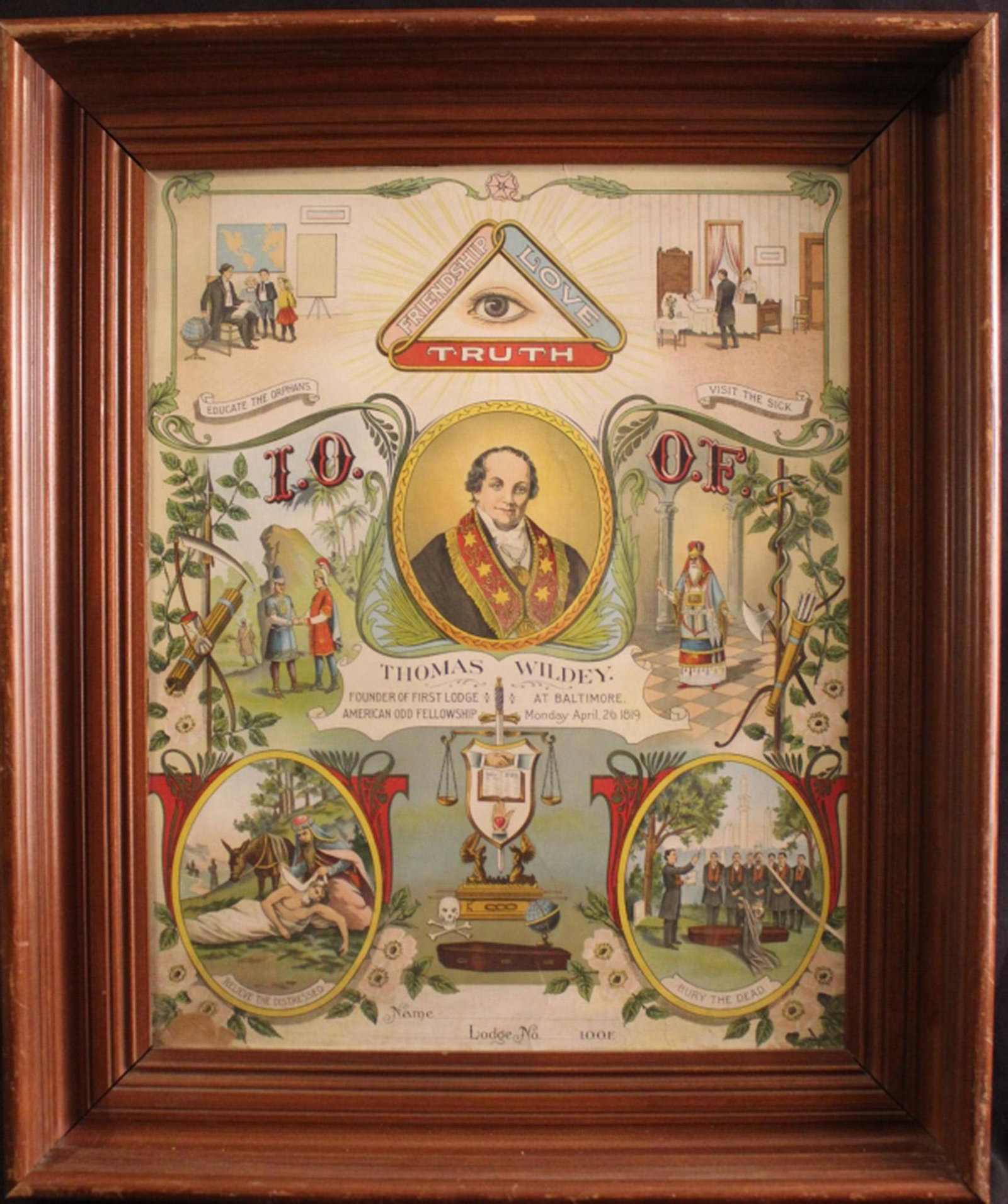 Odd Fellows Thomas Wildey Framed Color Lithograph: Odd Fellows Thomas Wildey color litho with organizational creed in original period frame. In good vintage condition; not examined out of the frame. Dimension 21 1/2"W x 25 1/2"L x 3"D.