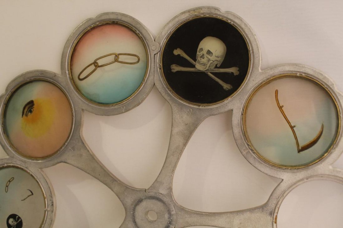 Pettibone Magic Lantern Revolving Wheel Discs: Group of five aluminum Pettibone & Co revolving glass slide wheel discs with Odd Fellows emblematic slides. Each stamped PAT. JAN 17' 1888, THE PETTIBONE MFG CO CIN'TI O, and ALUMINUM. Very good origi