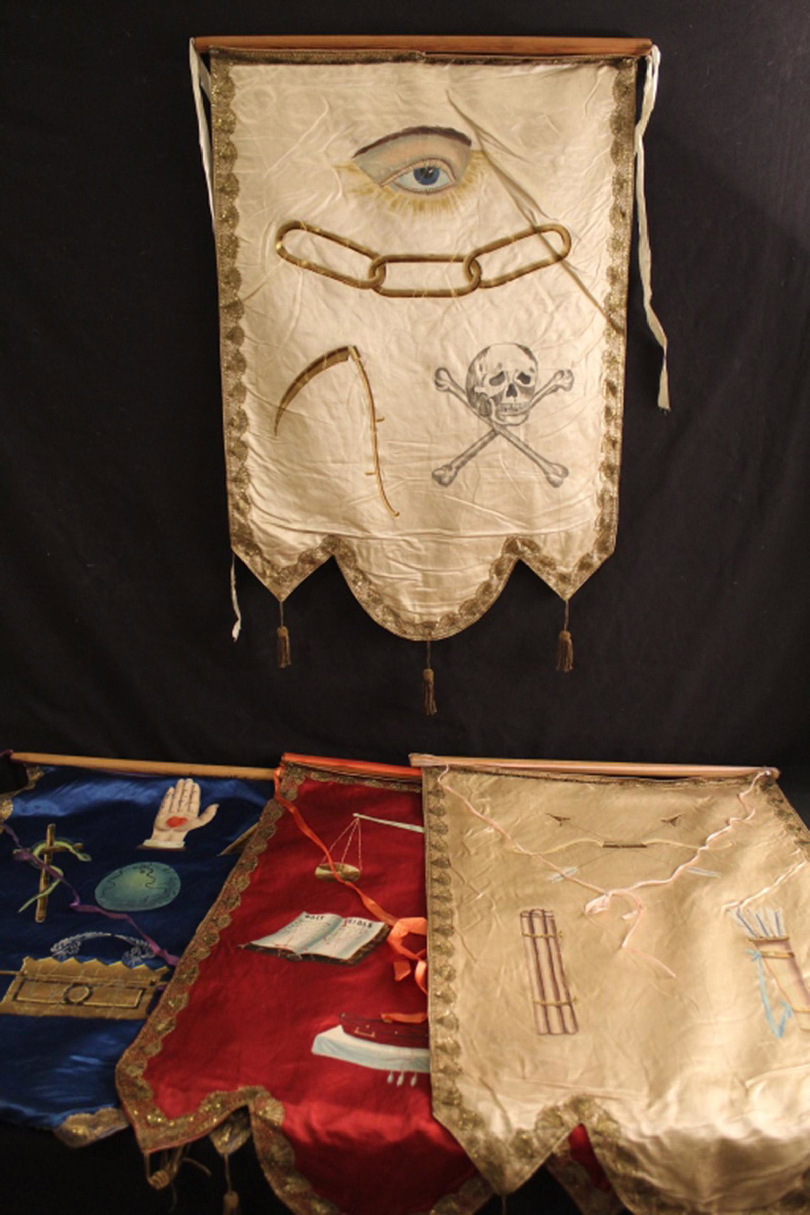 Set Hand Painted Odd Fellows Silk Hangings: Complete set of four 19th Century Odd Fellows hand painted emblematic silk wall hangings with gilt fringe. In good vintage condition with some areas of wear to paint and fringe. Mounted on wooden dowe