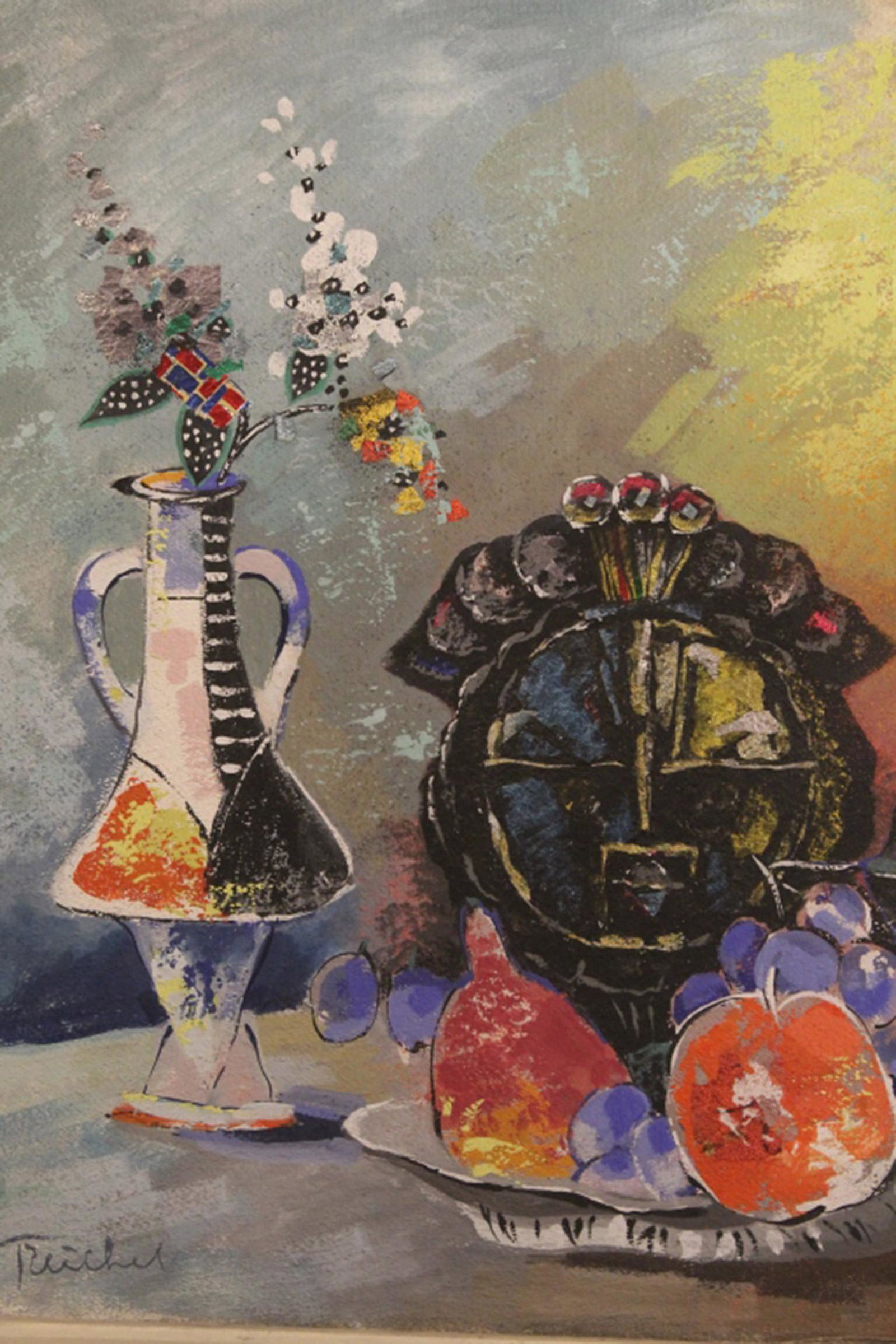 Oscar Treichel (1890-1975) Mixed Media Painting: Modernist still life oil painting with applied foil paper. Signed lower left. Floral barkcloth type fabric panel (possibly a Treichel design) attached by the artist to a painted rustic wood (slightly 