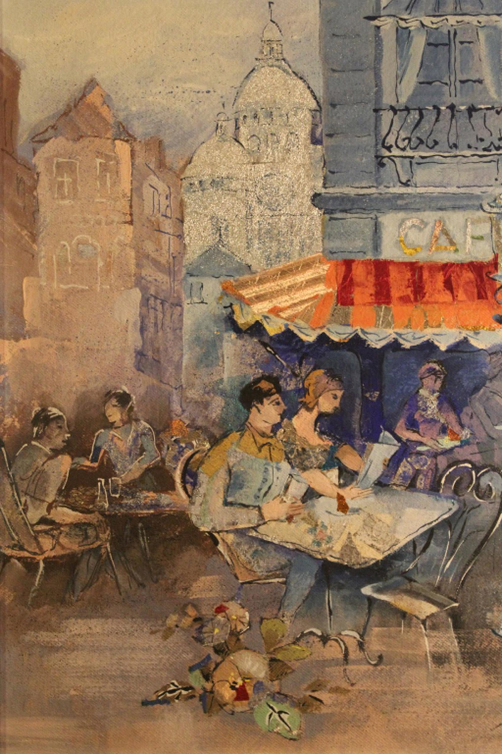 Oscar Treichel (1890-1975) Mixed Media Painting: Mid century Paris cafe street scene oil painting with applied foil paper. Signed lower right. Masonite board with painted hand constructed wood frame. Very good condition. Circa 1950's. 28.5" x 22.5" 