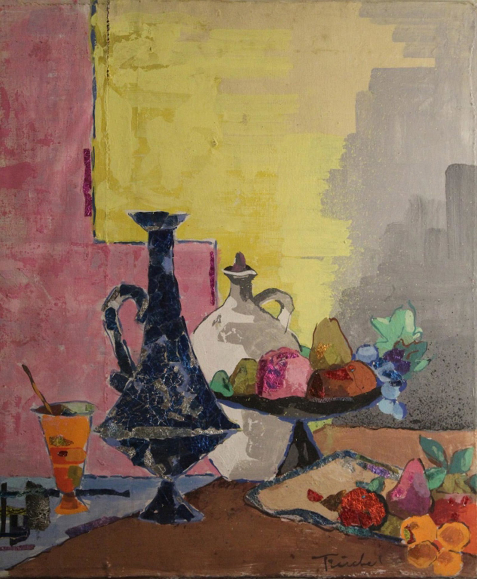Oscar Treichel (1890-1975) Mixed Media Painting: Modernist still life oil painting with applied foil paper. Signed lower right. Paper (minor edge lifting) over canvas artist board with a painted cardstock backing. Good condition (some "dings" to edg