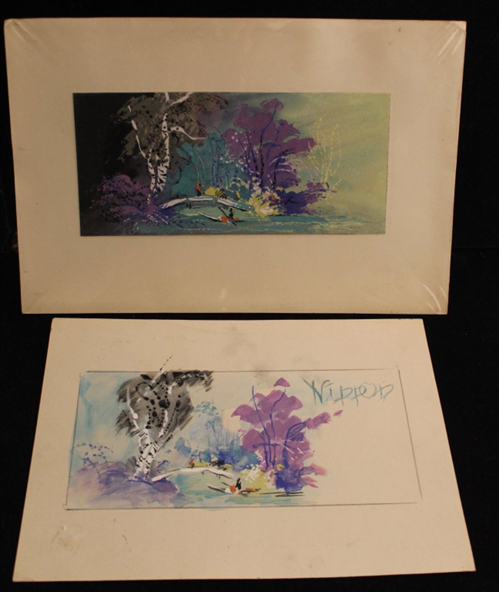 Oscar Treichel (1890-1975) Two Watercolors: Japanese themed landscape with bridge and figures. Include one unfinished study titled "Nippon" upper right (image 4.75" x 10.5"; paper 9" x 12.75") and one finished image on 4.75" x 10.25" paper moun