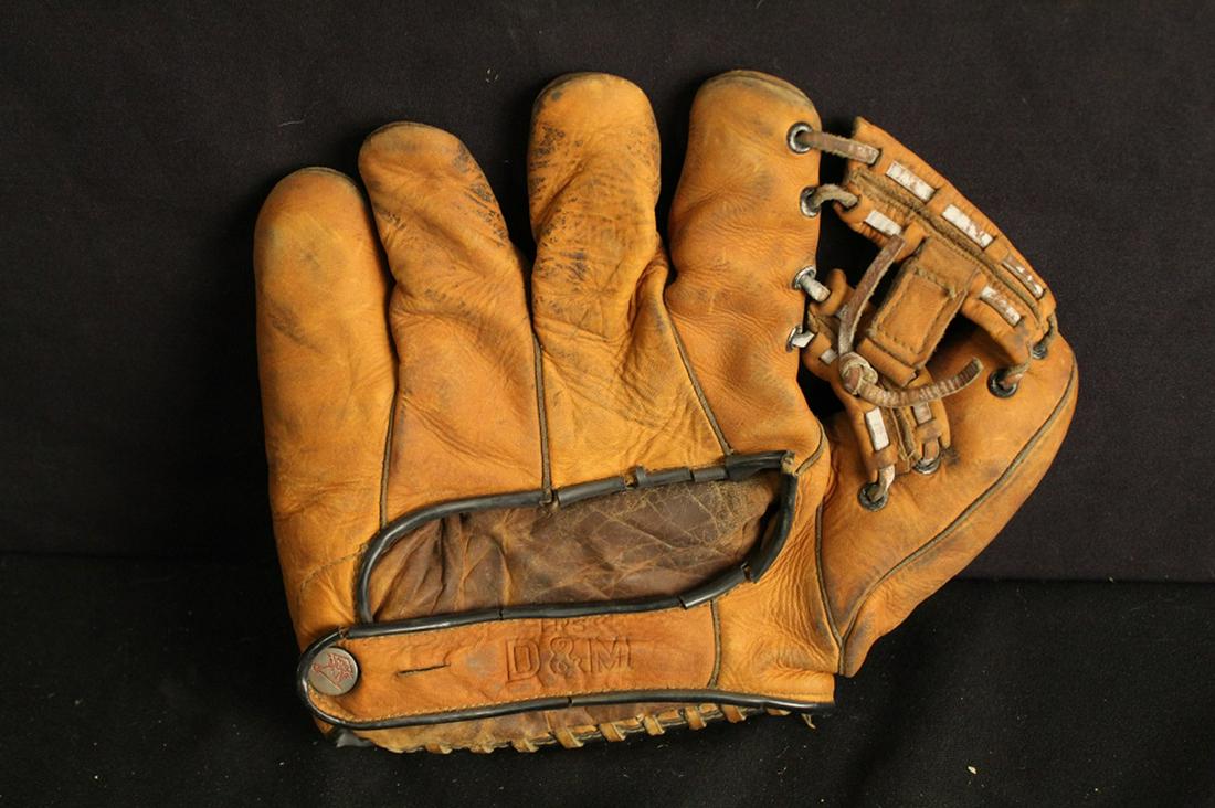 Draper & Maynard Joe Cronin Baseball Glove: Draper & Maynard split-finger baseball glove with embossed Joe Cronin endorsement. In good vintage condition with spots of paint and splits to edge banding at strap. Dimension 11"W x 9"L.