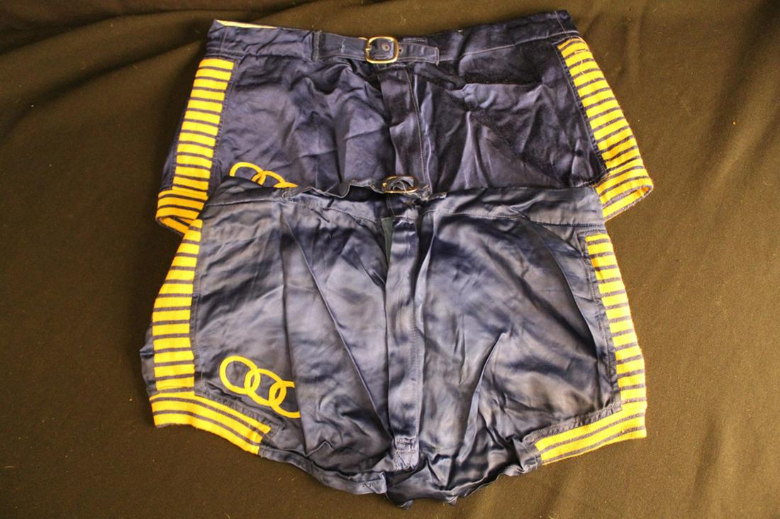 Pair Odd Fellows 1930's Basketball Satin Shorts: Pair of 1930's Jr Odd Fellows basketball satin shorts with machine embroidery. In very good vintage condition. Dimension: 36" waist.