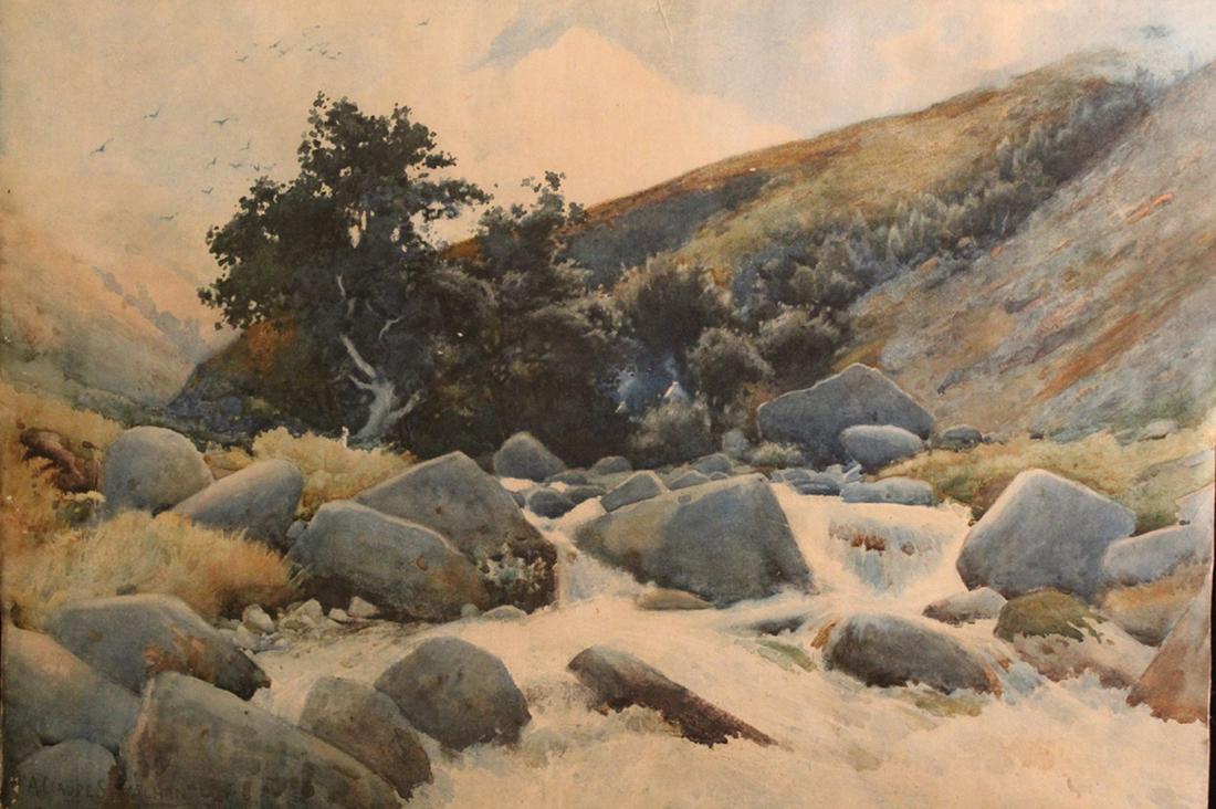 Arthur Claude Strachan (1865-1935) Watercolor: Landscape with large boulder rapids. Signed lower left. Good condition; some minor toning, 2 1/2" crease down from center top edge, small loss at left area top edge. 17.75" x 23.5" unframed.