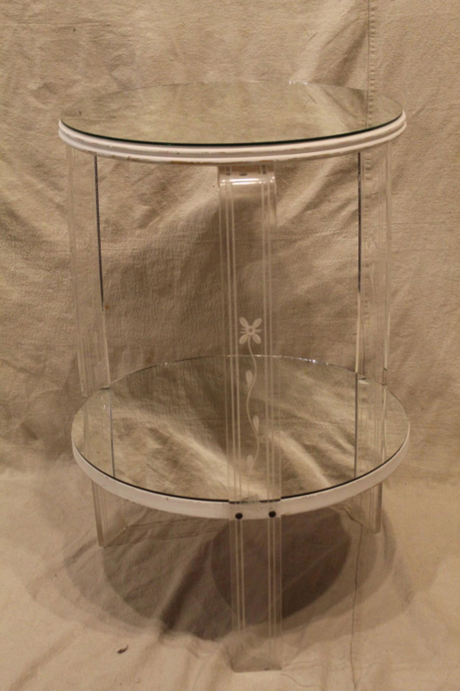 Vintage Art Deco Side Table with Lucite Legs: Period 1920's/ 30's round two level side table with three lucite legs (repaired break under table top). Possible later added mirrors (damage to lower mirror). "Tech-Craft" Furniture Tacoma label. 26" 