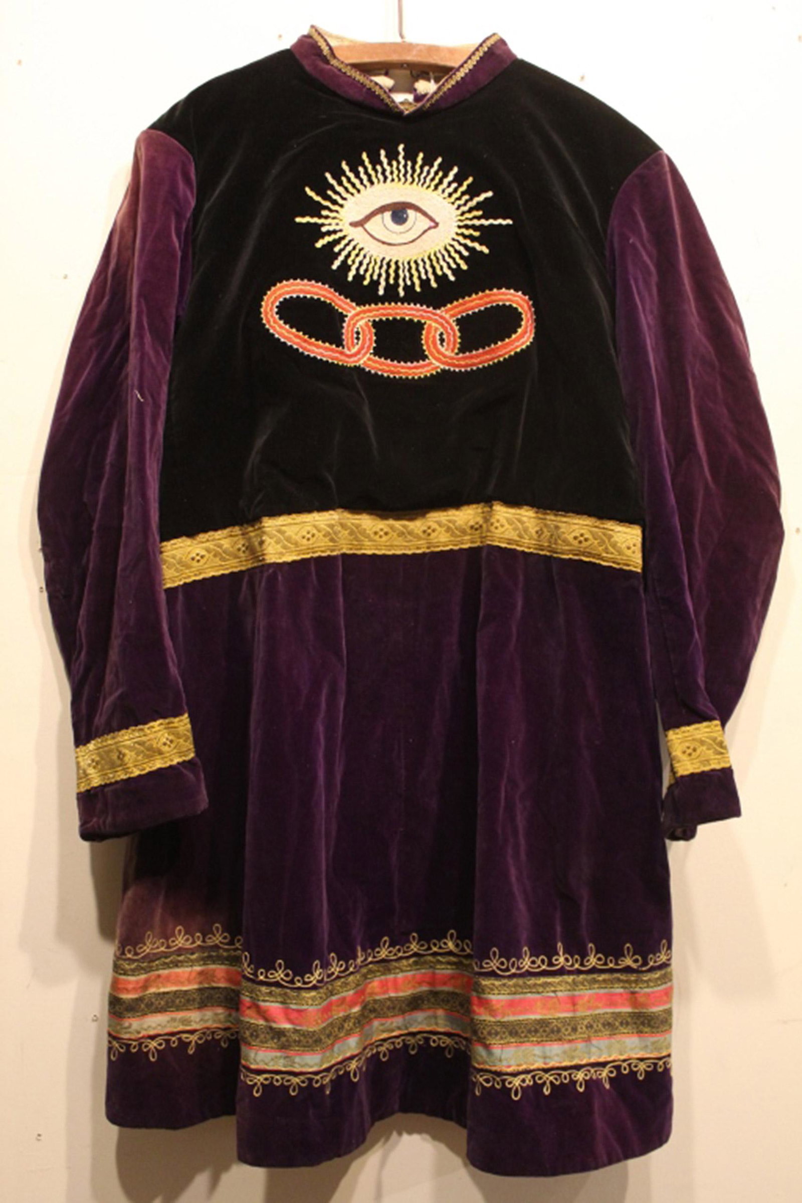 Two Odd Fellows Decorative Ceremonial Robes: Two early 20th Century ceremonial "Jonathan" robes: one robe in velvet with machine embroidered "All Seeing Eye" and Odd Fellows logo; one robe in cotton, velvet and lame fabrics with decorative silve