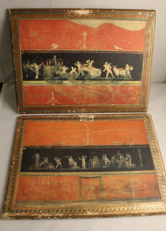 Pair Vintage Floretine Gilt Wood Plaques: Pair with copies of The House of the Vettii cupid fresco murals in Pompeii. Labels to the reverse of each. Very good condition with age wear patina. Mid 20th C. 12 3/8" x 16 5/8" each.