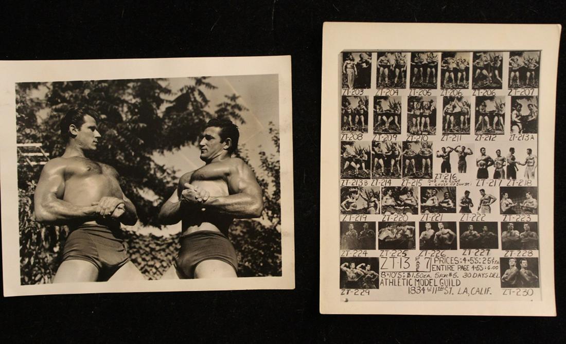 Vintage Bob Mizer AMG Semi Nude Male Photographs: Two photographs of models Bob McCune and another bodybuilder. (1) Photo of both models in flexing bicep poses. Clear sharp image on satin paper. Good condition with two developing line flaws upper rig