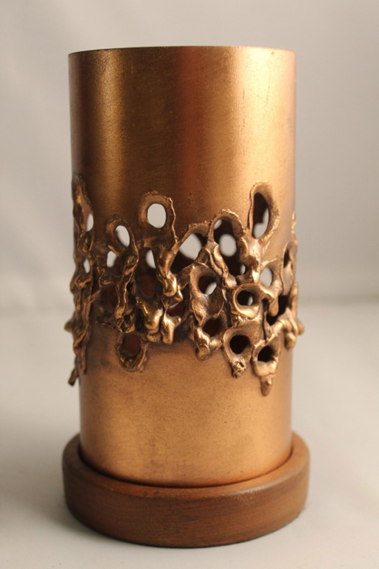 Mid Century Brutalist Candle Shade / Holder: Torch cut copper candle shade / holder in the style of Robert Stanton. Solid walnut base. Signed J. Davis. Excellent condition. 6 3/8" H (including base). 3 1/8" dia.