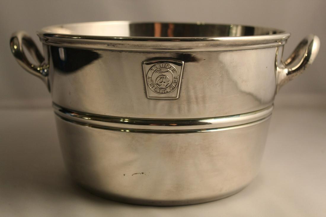 Medinah Athletic Club Shriners Silver Bucket: Champagne / wine cooler with applied Medinah Athletic Club / Shriners logo emblem. The Medinah Athletic Club building was completed 1929 at 505 N. Michigan Avenue in Chicago (the building is now the I