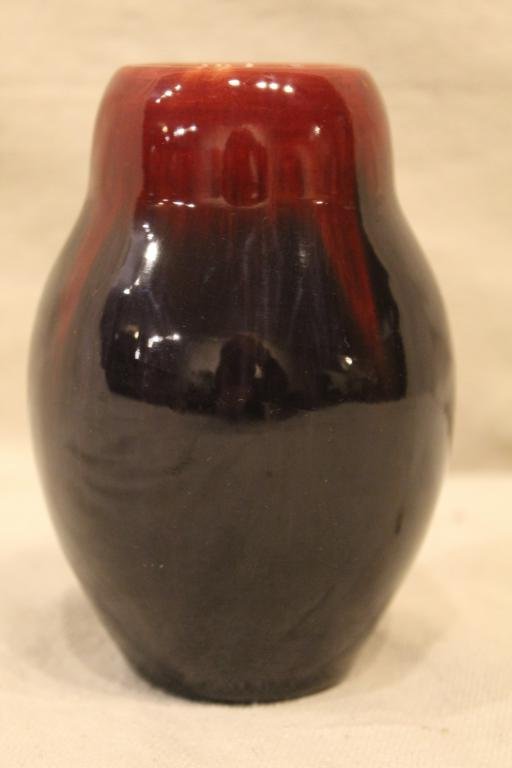 Michael Andersen & Sons Denmark Pottery Vase: Dania series vase in gloss dark blackish glaze with red glaze flambe / drip glaze at neck. Stamps to bottom with 1414. Excellent condition with some unseen factory kiln flaws to bottom. Circa 1920's/
