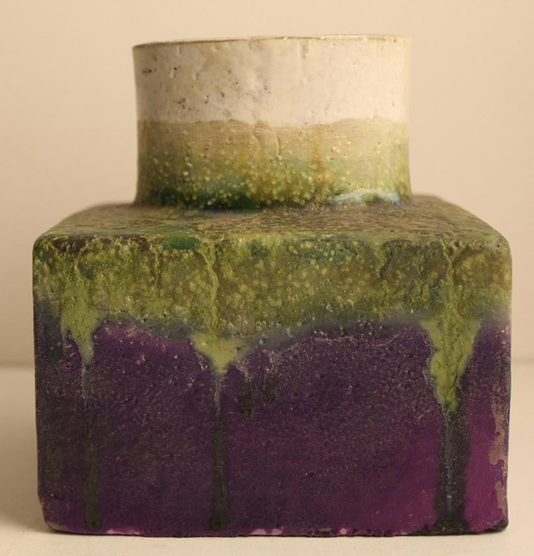 Marcello Fantoni Lava Drip Glaze Vase for Raymor: Cube form with tall oval neck. Cream glazed neck with green tone lava drip glaze over purple glazed cube body. Signed Fantoni Italy for Raymor to bottom. Excellent condition with no apparent chips or
