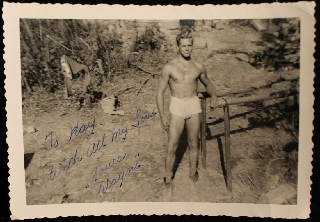 Vintage Photographs of Men in Bathing Suits: Group of 4 photographs. (1) Man posed in bathing suit or underwear. Inscribed to the front "To Kay, With all my Love, Yours "Wayne"" and to the reverse. 3.5" x 5". (2) Man flexing arm and wearing avia