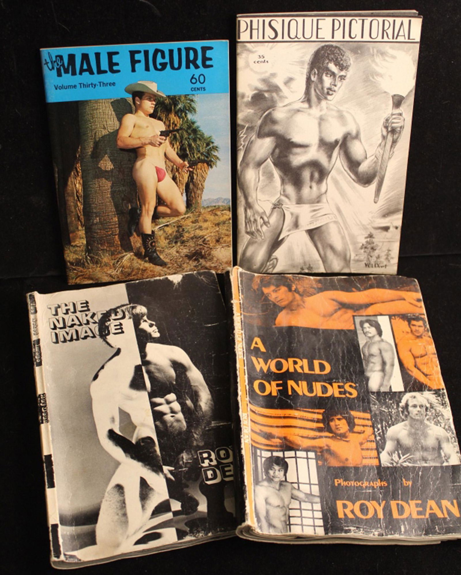 Physique Pictorial & The Male Figure Magazines: (1) Original Physique Pictorial Vol. 1 #9 Spring 1959 published by Bob Mizer. Features numerous models and drawings by Spartacus and Tom of Finland. Excellent like new condition. 8 1/4" x 5 1/4". (2)