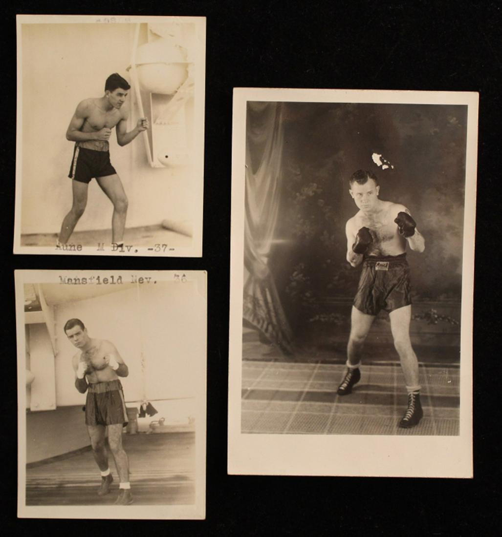 Vintage 1930s Photographs of Military Boxers: Two 3.5" x 2.75" snapshot photographs of military boxers with typewritten idenification "Mansfield Nev. 36" and "Aune M Div. -37-". Both good condition. Lot includes RPPC postcard of a boxer indentifi