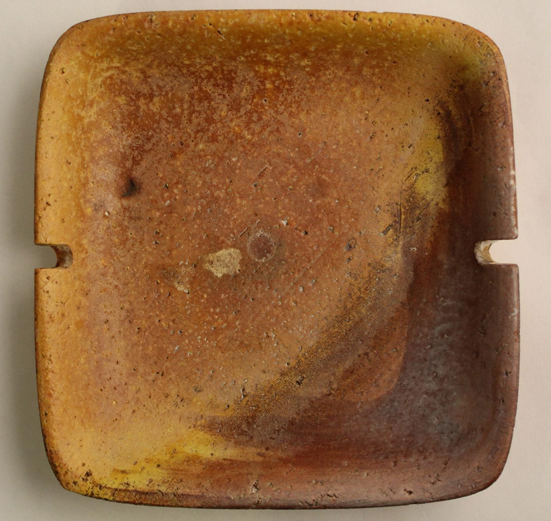 Marcello Fantoni Pottery Ashtray for Raymor: Natural toned rustic glazes. Signed Fantoni Italy for Raymor to bottom. Excellent condition. 6.25" x 6,25".