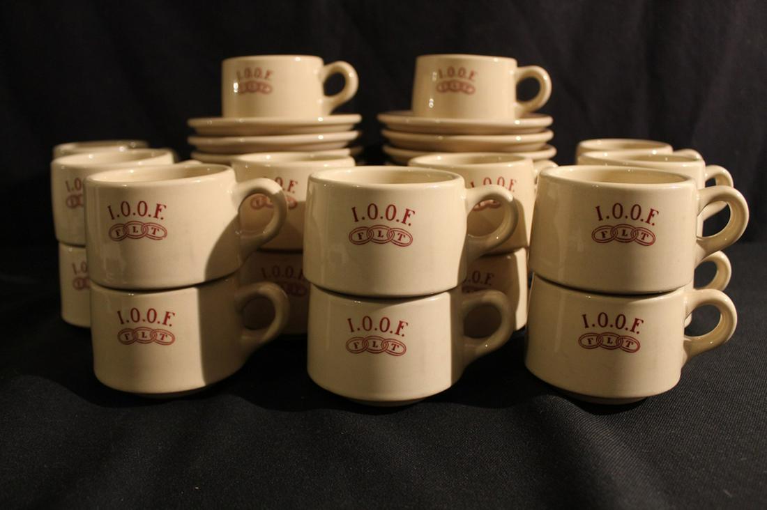 Vintage Odd Fellows Restaurant Ware Coffee Cups: 20 tan/ beige coffee cup (with burgundy logos) and saucer sets by Shenango. Excellent condition