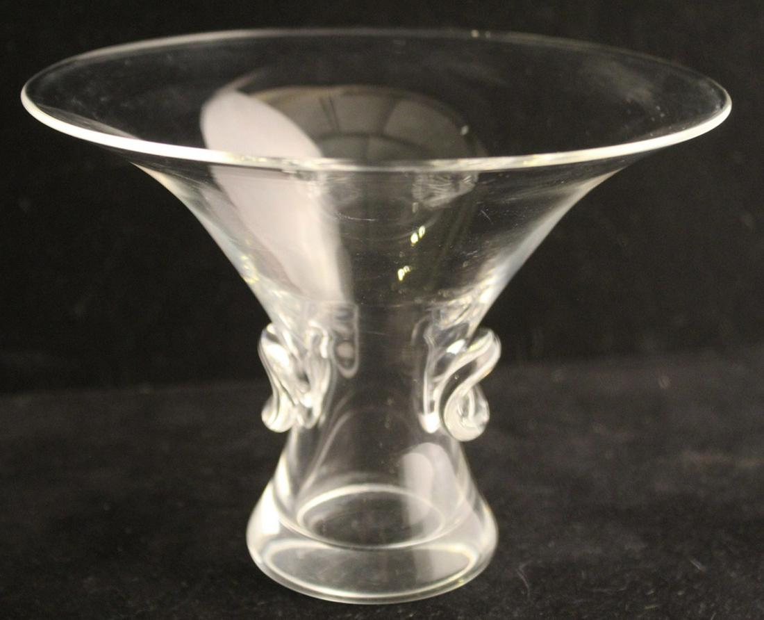 Vintage Steuben Vase by George Thompson: Modernist bouquet vase #7985 designed by George Thompson circa 1940's. Steuben etched signature to bottom. Excellent condition. 5" H x 6.5" dia.
