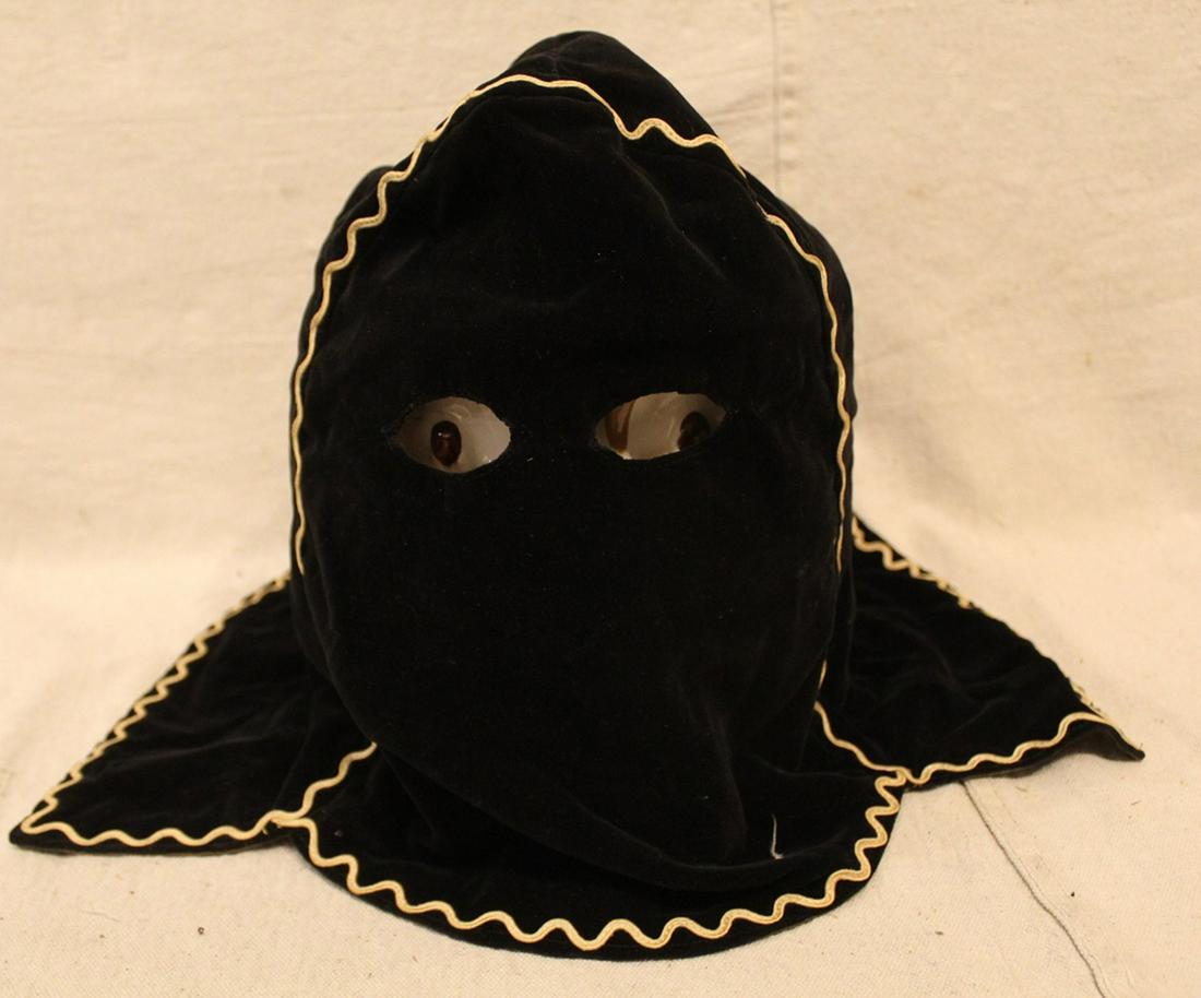 Odd Fellows Black Velvet Executioner's Hood: Odd Fellows black velvet executioner's hood with white decorative gimp. In very good vintage condtion. Dimension approximately 12"W x 8"D x 14"L.