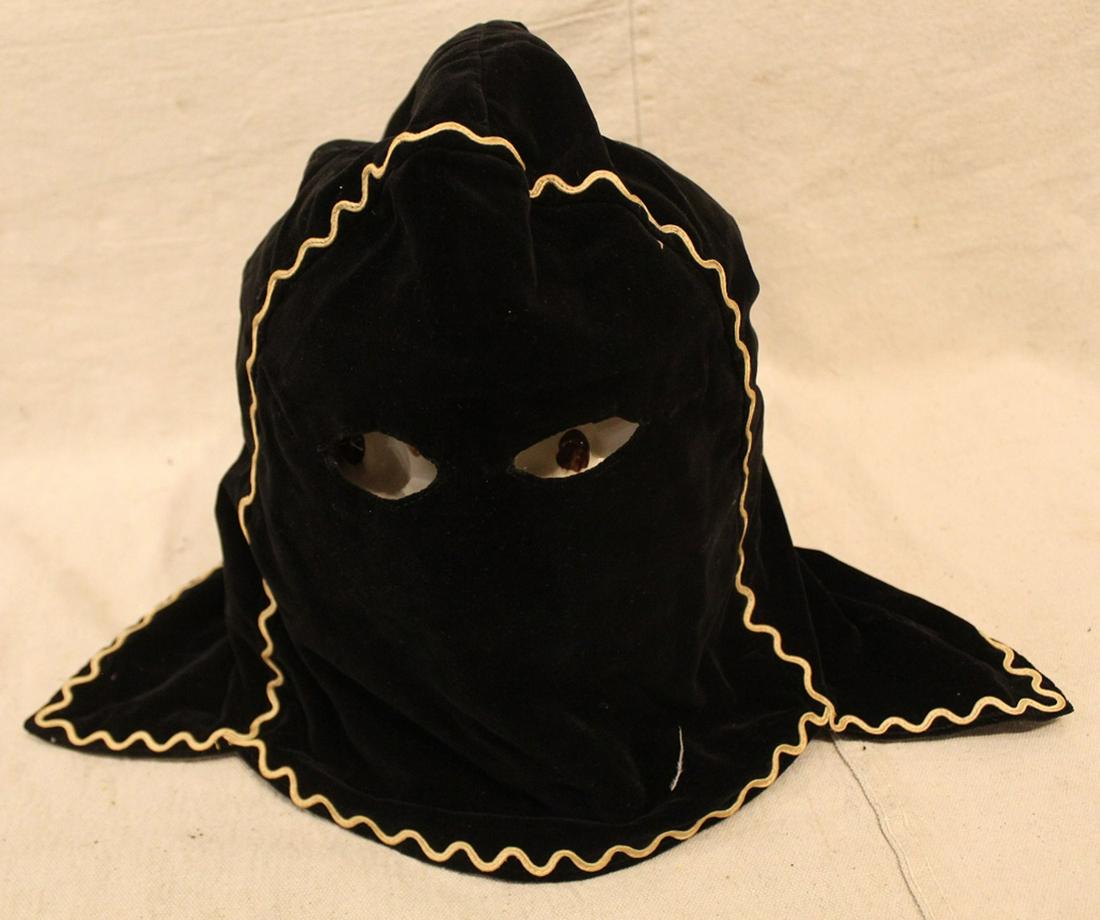 Odd Fellows Black Velvet Executioner's Hood: Odd Fellows black velvet executioner's hood with white decorative gimp. In very good vintage condtion. Dimension approximately 12"W x 8"D x 14"L.