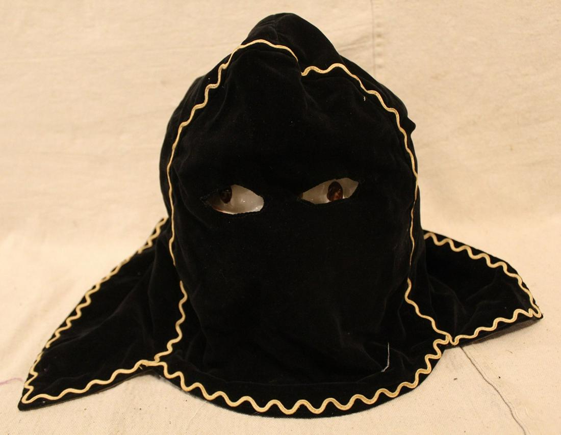 Odd Fellows Black Velvet Executioner's Hood: Odd Fellows black velvet executioner's hood with white decorative gimp. In very good vintage condtion. Dimension approximately 12"W x 8"D x 14"L.