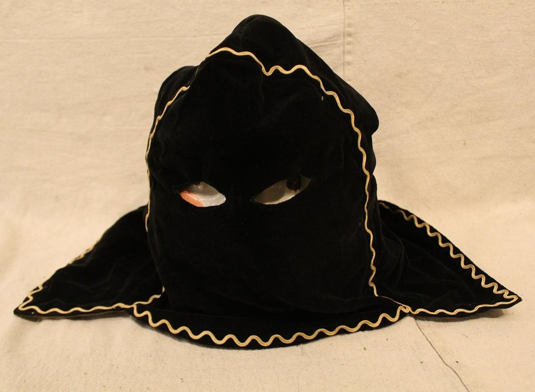 Odd Fellows Black Velvet Executioner's Hood: Odd Fellows black velvet executioner's hood with white decorative gimp. In very good vintage condtion. Dimension approximately 12"W x 8"D x 14"L.