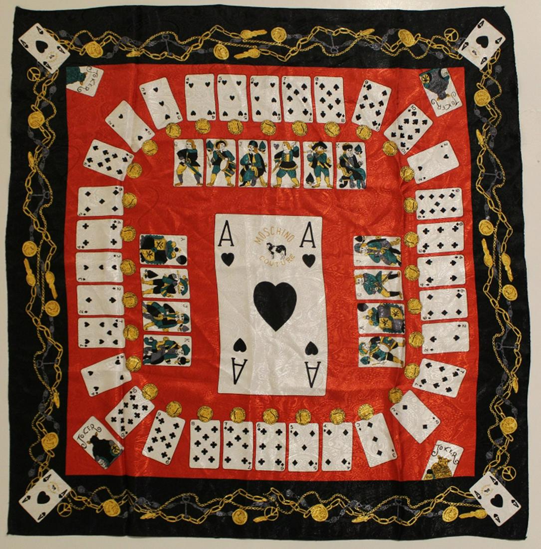 Moschino Couture Ace of Hearts Silk Scarf: Silk with playing card theme. Very good condition with no apparent snags, pulls, damage, etc. 35" x 34" approx.