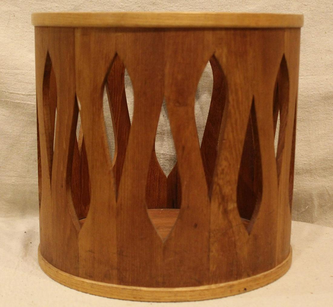 Dansk Denmark Teak Wastebasket: Designed by Jens Quistgaard. Staved teak with ash trim. Good condition with normal signs of use, etc. Old repair to separation at upper side panel join and dark spot to upper trim. Branded mark to bot