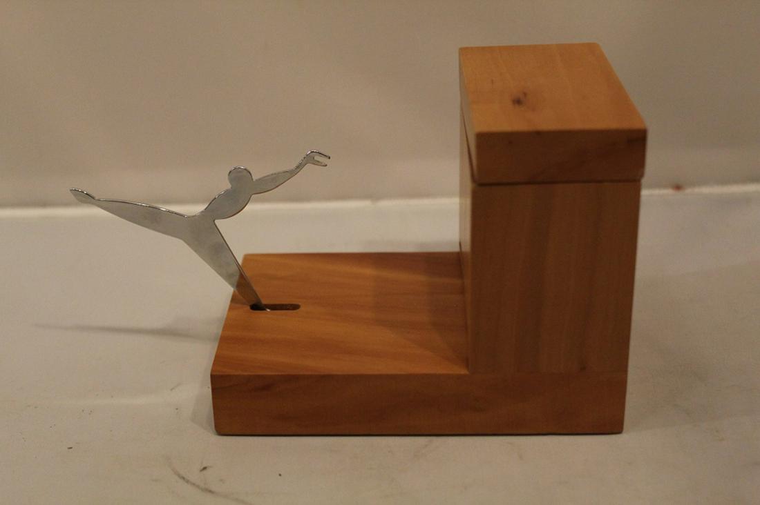 Alessi Toothpick Holder by Andrea Branzi: Pear wood with chromed steel figural handle. Good condition with some signs of use, etc. Marked to lid.4" H x 5" x 3.5".