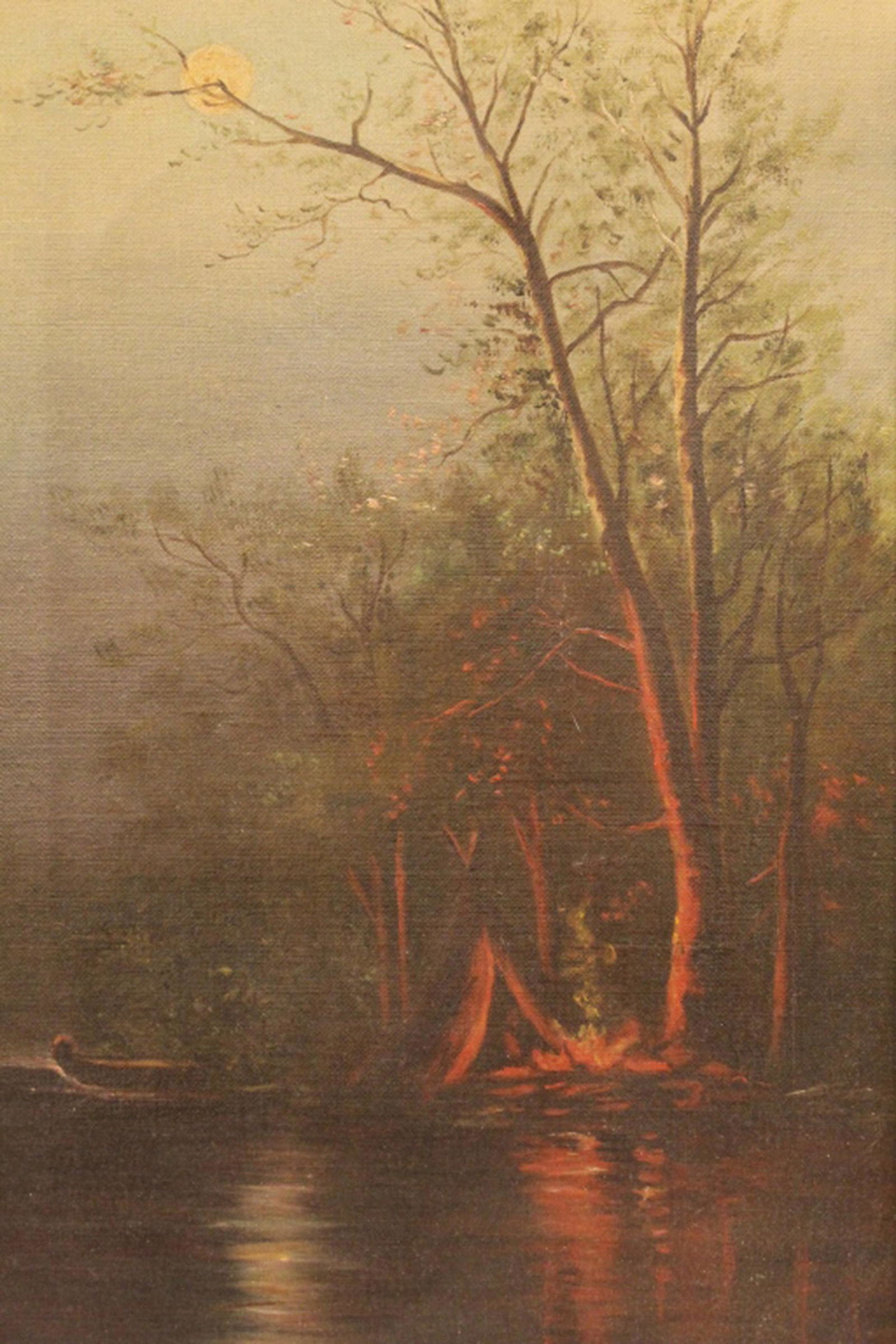 Antique Oil on Canvas Painting: Moonlit landscape including a tent with campfire and canoe. No apparent signature. Later gilded wood frame with Third Avenue Picture & Framing Shop, 1248 Third Ave NYC, label to reverse. Appears in ex