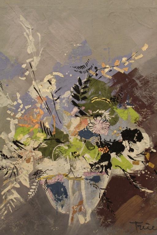 Oscar Treichel (1890-1975) Mixed Media Painting: Floral still life in matte paint with applied foil details on canvas. Signed and dated 1959 lower right. Custom painted wood frame by the artist. 24.25" x 21.75" including frame.