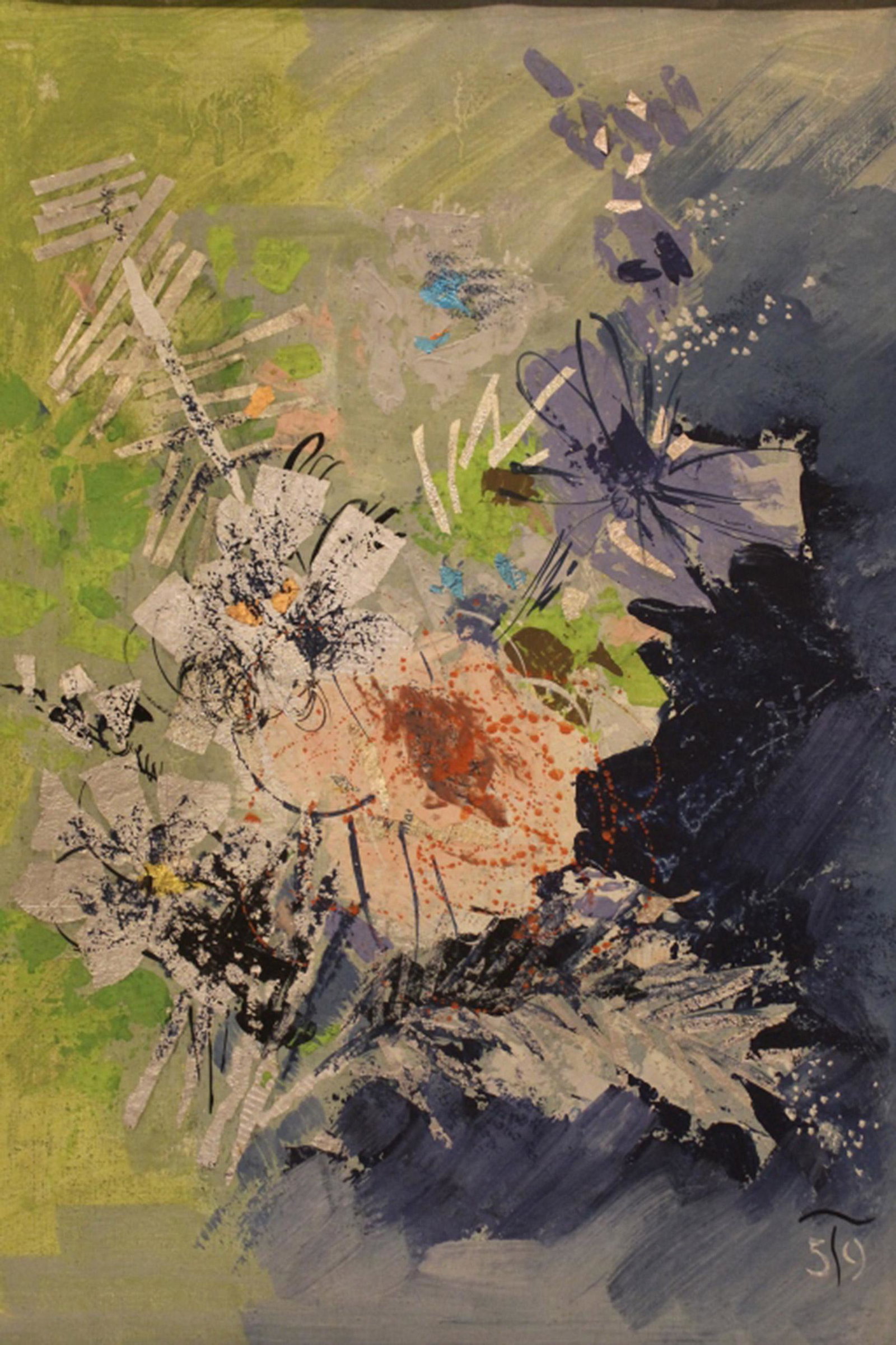 Oscar Treichel (1890-1975) Mixed Media Painting: Floral still life in matte paint with applied foil details. Canvas tacked to found frame (loose corners) by the artist. Signed with T initial and dated 1959 lower right. 24.5" x 20" including frame.