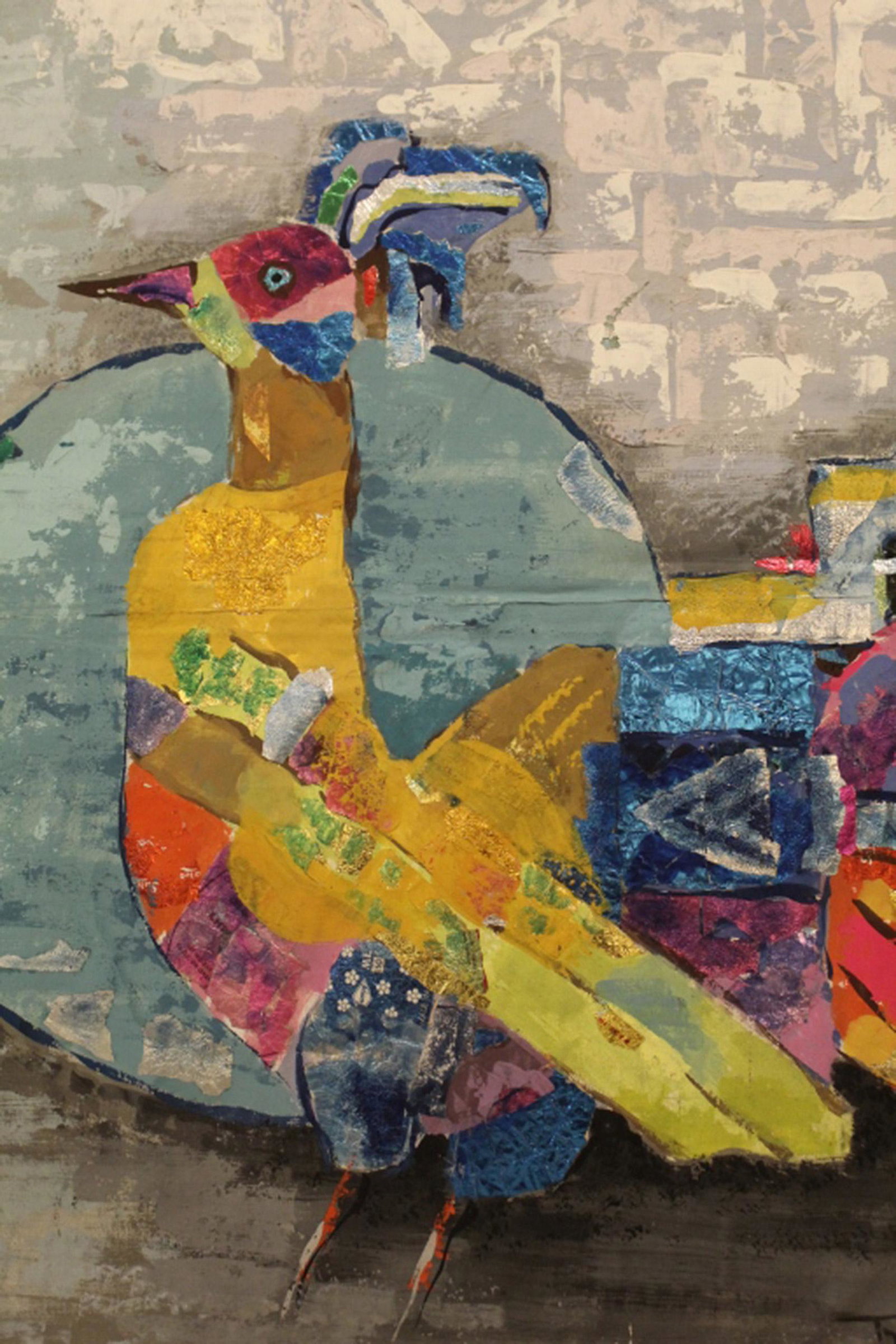 Oscar Treichel (1890-1975) Mixed Media Painting: Bird with sphere. Matte paint with foil (including some candy wrappers with logos) details on fabric applied over cardboard backing (done by artist). Signed lower right and dated 1969. Small areas of 