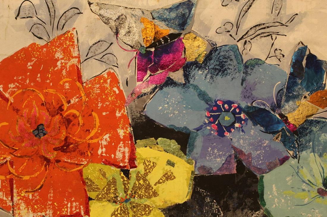 Oscar Treichel (1890-1975) Mixed Media Painting: Floral still life with butterfly. Matte paint with foil details on fabric applied over cardboard backing (done by artist). Signed lower right and dated 1969. Small areas of paint wear loss along edges
